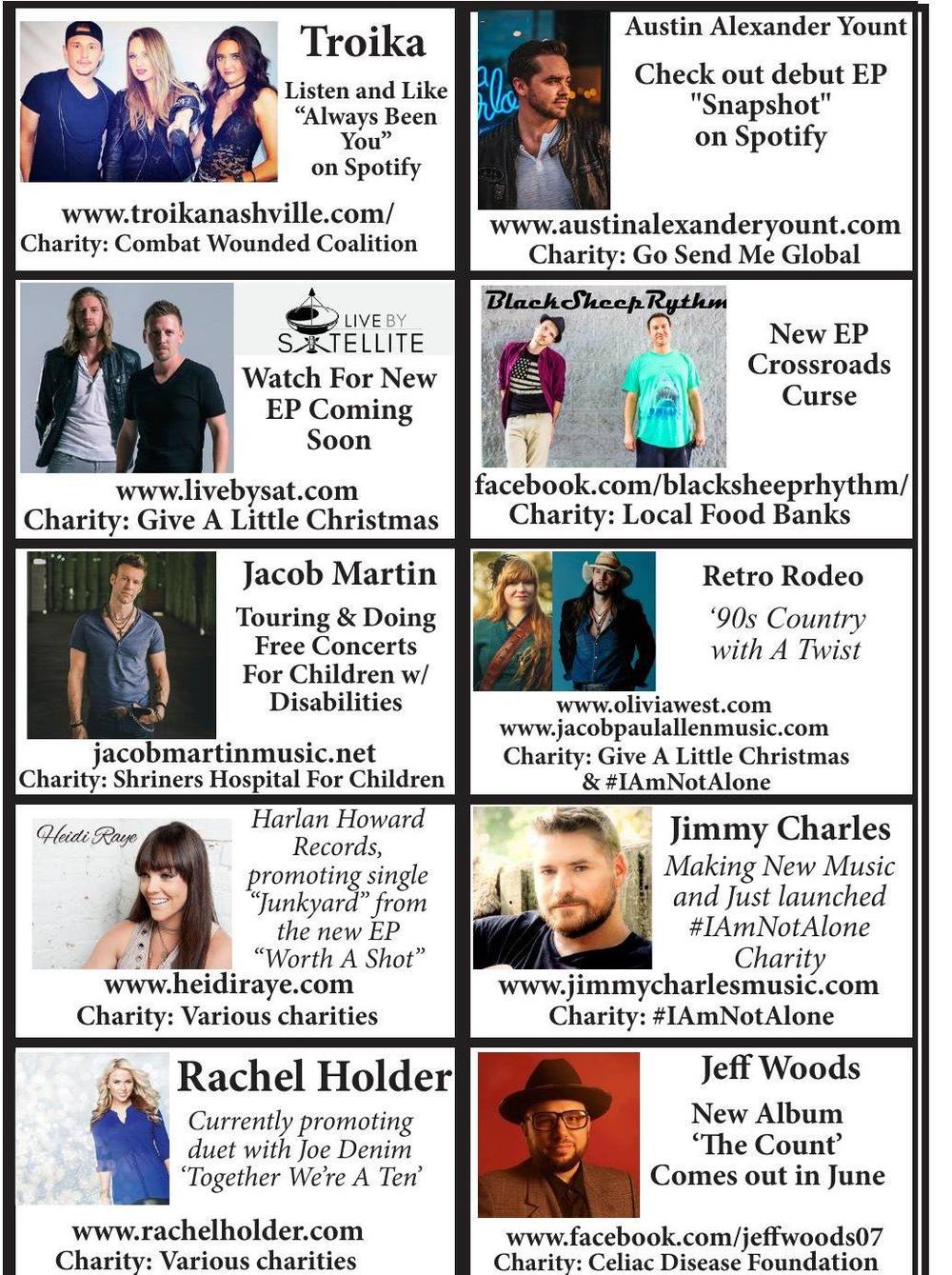 Grid of artist photos and blurbs from the This Summer page, featuring Troika, Austin Alexander Yount, Live By Satellite, Black Sheep Rhythm, Jacob Martin, Retro Rodeo, Heidi Raye, Jimmy Charles, Rachel Holder and Jeff Woods